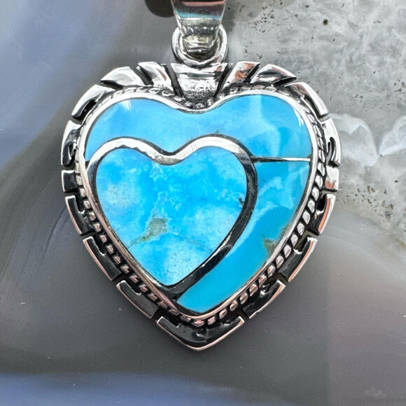 Native American Sterling Blue Ridge Turquoise Decorated Double Heart Pendant - Picture 6 of 10